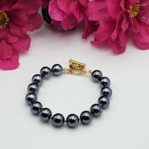 Carolee Gray Faux-Pearl Bracelet Gold Tone Toggle Clasp 6.75"
